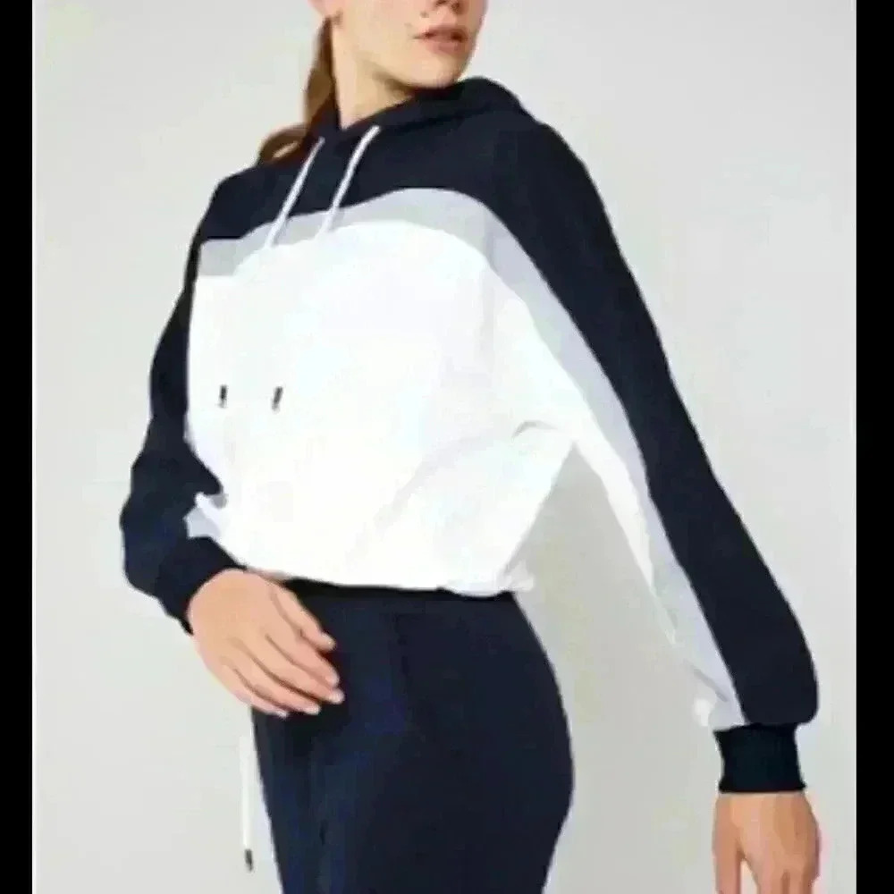 NWT REI FOURLAPS BRAND pullover hoodie in navy / ivory Sz L cinch bottom
